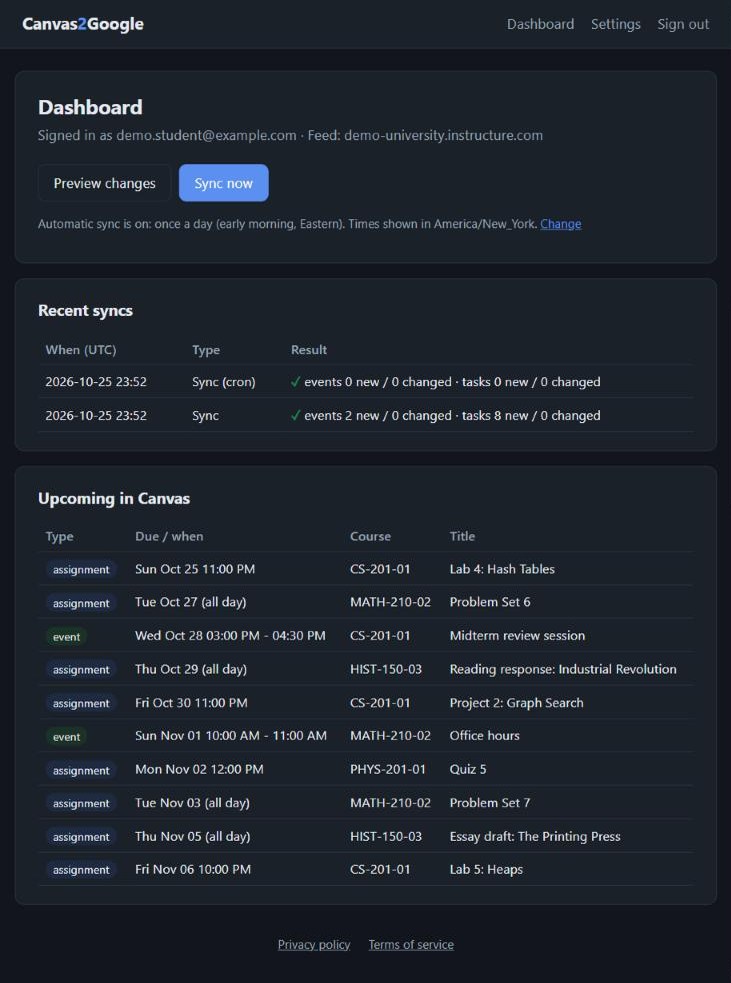 The Canvas2Google dashboard, showing upcoming assignments and recent syncs (demo data)